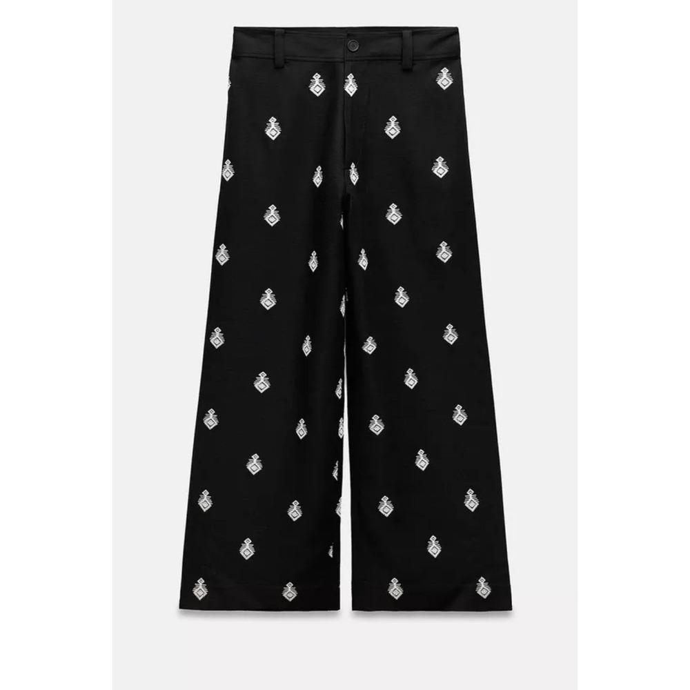 Zara Women's Black Embroidered Wide Leg Linen Blend Trousers Size L Classic
